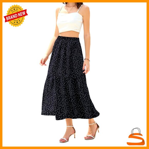 Flowy Maxi Skirt with Hidden Pockets Elastic Waistband Casual Elegant Midi